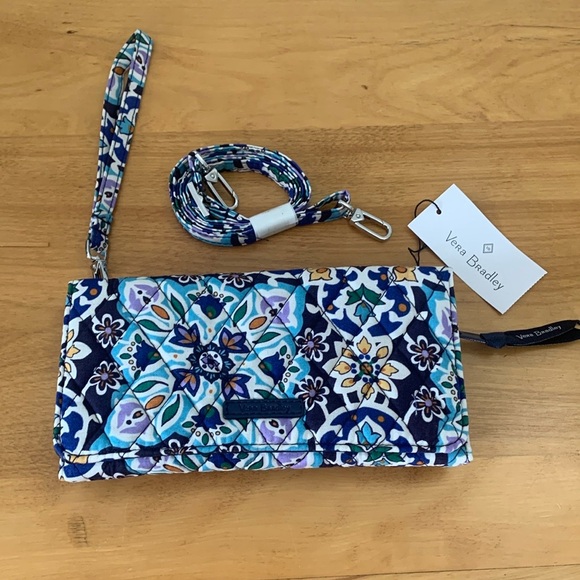 Vera Bradley Handbags - Vera Bradley RFID Wallet Crossbody Blue White "Lisbon Medallion Cool" NEW